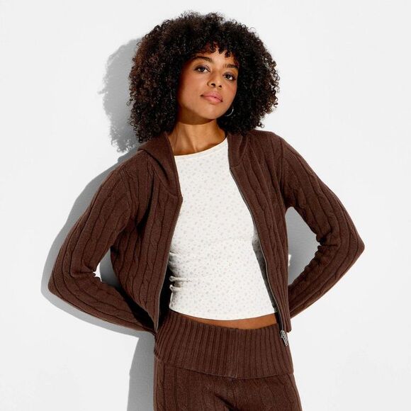 Wild Fable Sweaters - Open Box - Wild Fable - Women's Cable Zip Hoodie Cardigan - Wild Fable Bro Brown